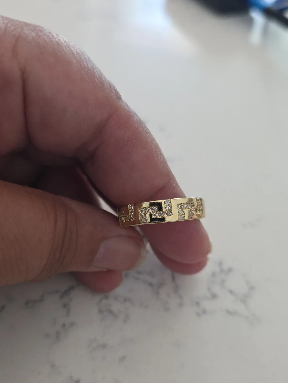 14k Gold Plated Greek Key Band Ring with Pavé Stones - Women
